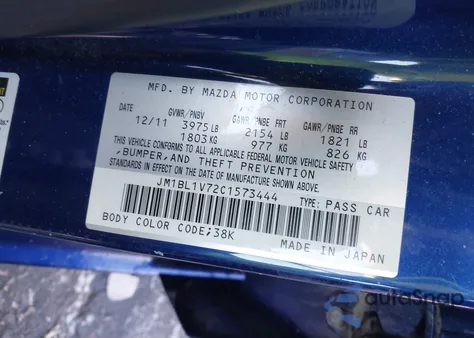 2012 Mazda Mazda3 I Touring z USA, uszkodzony, nr VIN JM1BL1V72C1573444